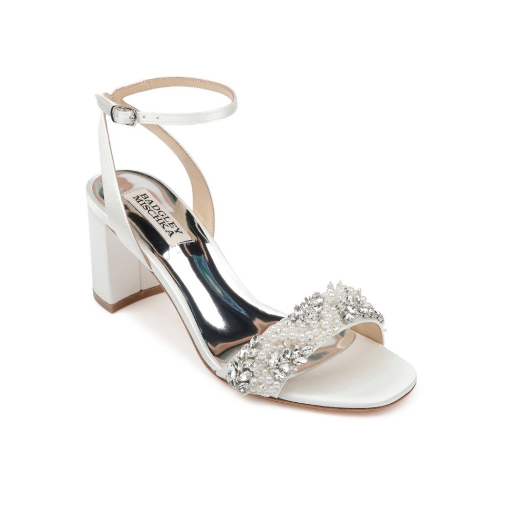 Badgley Mischka White Jeweled Block Heel Sandals